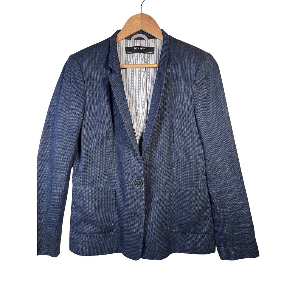 Zara Blazer Womens L Blue Excellent Textured Single Button Patch Pocket Jacket